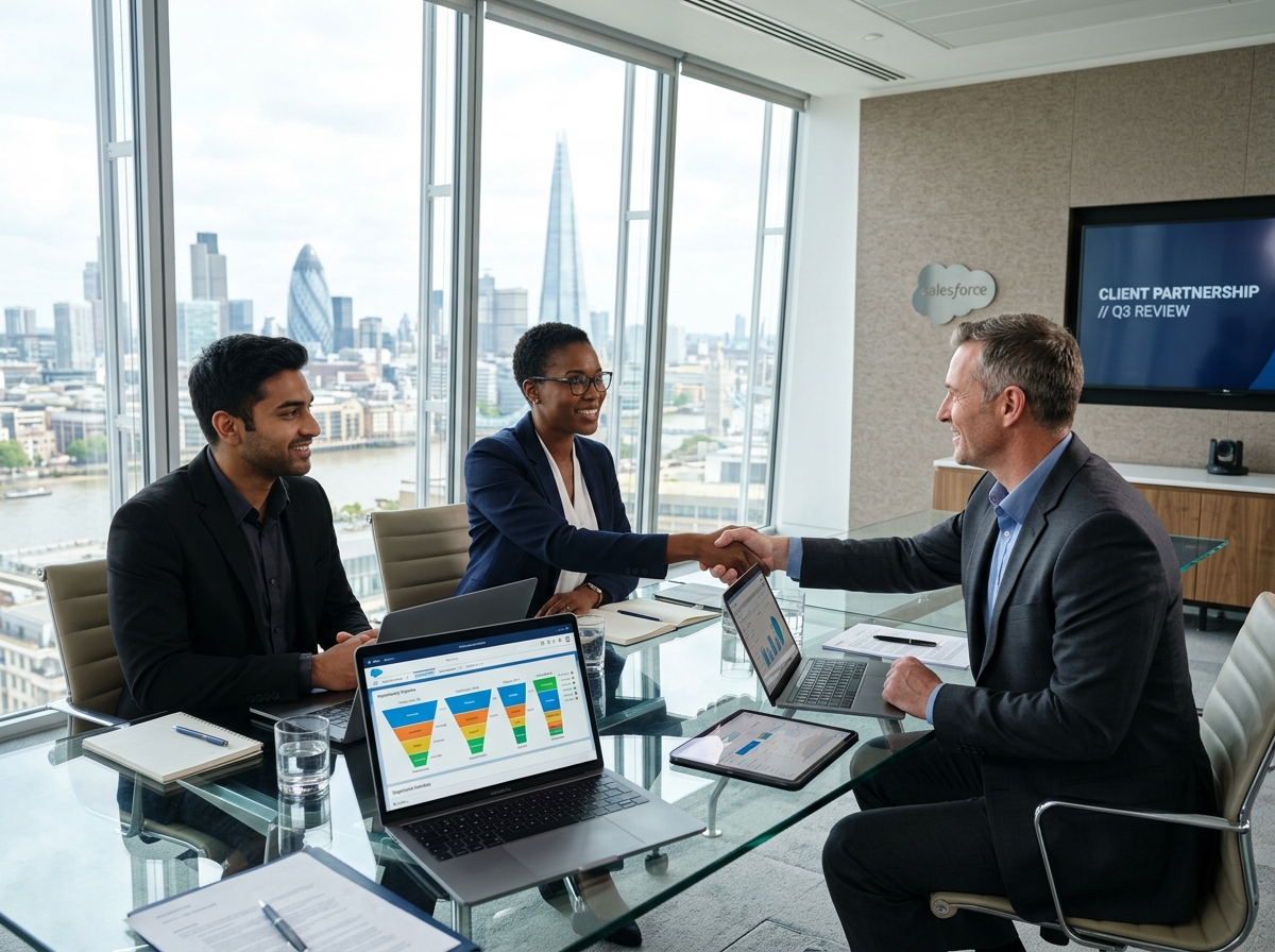 Sales team closing a deal in a modern boardroom