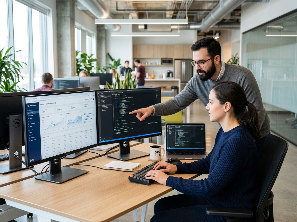 Software development team collaborating at workstation